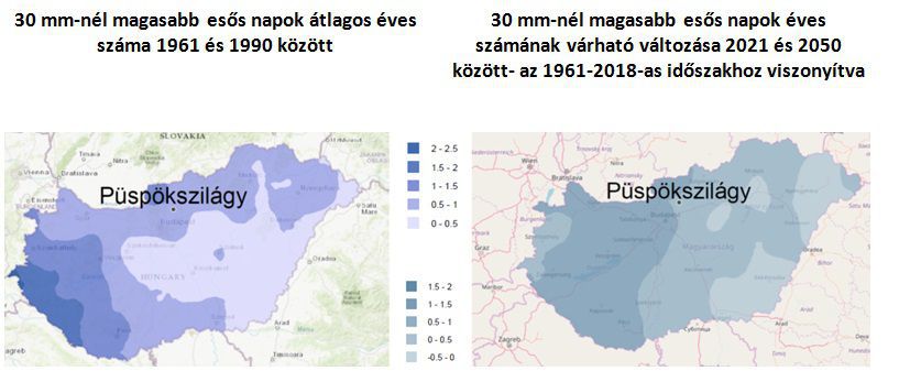 Left: average number of days with more than 30 mm precipitation annually - between 1961-1990. Right: expected change in the number of rainy days with more than 30 mm precipitation after 2010 - compared to average values between 1961 - 2018